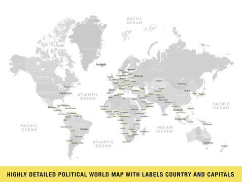 Highly detailed political world map with capitals