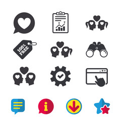 Couple love icon. Lesbian and Gay lovers signs. Romantic homosexual relationships. Speech bubble with heart symbol. Browser window, Report and Service signs. Binoculars, Information and Download icons