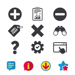 Plus and minus icons. Delete and question FAQ mark signs. Enlarge zoom symbol. Browser window, Report and Service signs. Binoculars, Information and Download icons. Stars and Chat. Vector