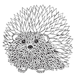 Artistically ornamental prickly hedgehog. Hand-drawn, doodle, vector design element. Pattern for coloring book. Black and white.