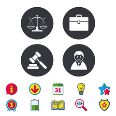 Scales of Justice icon. Client or Lawyer symbol. Auction hammer sign. Law judge gavel. Court of law. Calendar, Information and Download signs. Stars, Award and Book icons. Vector