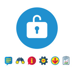 Obraz premium Lock sign icon. Login symbol. Information, Report and Speech bubble signs. Binoculars, Service and Download icons. Vector