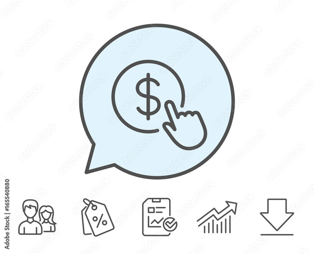 Poster hand click line icon. currency exchange sign. cursor pointer symbol. to pay or get money. report, sa
