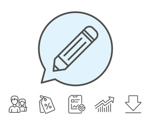 Pencil line icon. Edit sign. Drawing or Writing equipment symbol. Report, Sale Coupons and Chart line signs. Download, Group icons. Editable stroke. Vector