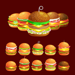 Set of tasty burger grilled beef and fresh vegetables dressed with sauce in bun for snack or lunch, hamburger is classical american fast food meal usual menu could be barbecue meat bread tomato cheese