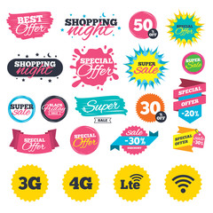 Sale shopping banners. Mobile telecommunications icons. 3G, 4G and LTE technology symbols. Wi-fi Wireless and Long-Term evolution signs. Web badges, splash and stickers. Best offer. Vector