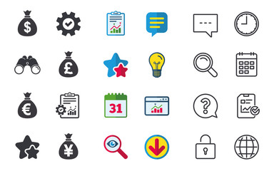 Money bag icons. Dollar, Euro, Pound and Yen symbols. USD, EUR, GBP and JPY currency signs. Chat, Report and Calendar signs. Stars, Statistics and Download icons. Question, Clock and Globe. Vector