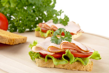 Toasts,lettuce,tomato,cold cuts on cutting board on white