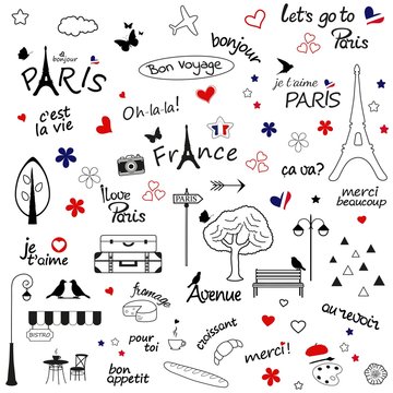 Paris sketch illustration. Set of hand drawn design elements