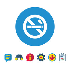 No Smoking sign icon. Cigarette symbol. Information, Report and Speech bubble signs. Binoculars, Service and Download icons. Vector
