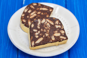 dessert chocolate salami on white dish