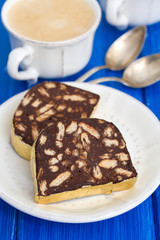 dessert chocolate salami on white dish