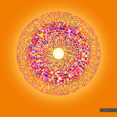 Colorful round spiral pattern on a yellow background. Halftone, dots, circular, explosion, candy holiday
