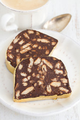 dessert chocolate salami on white dish