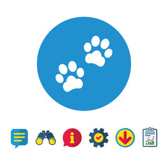 Fototapeta na wymiar Paw sign icon. Dog pets steps symbol. Information, Report and Speech bubble signs. Binoculars, Service and Download icons. Vector