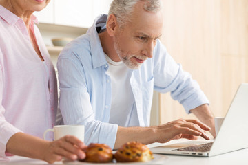 Cheerful mature loving couple family using laptop computer