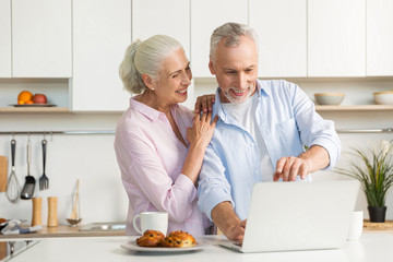 Fototapeta na wymiar Smiling mature loving couple family using laptop computer