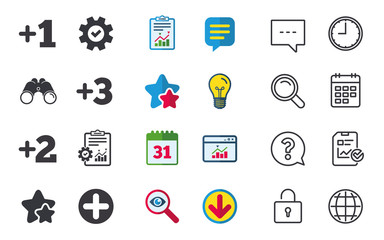 Plus icons. Positive symbol. Add one, two, three and four more sign. Chat, Report and Calendar signs. Stars, Statistics and Download icons. Question, Clock and Globe. Vector