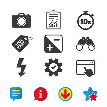 Photo camera icon. Flash light and exposure symbols. Stopwatch timer 10 seconds sign. Browser window, Report and Service signs. Binoculars, Information and Download icons. Stars and Chat. Vector