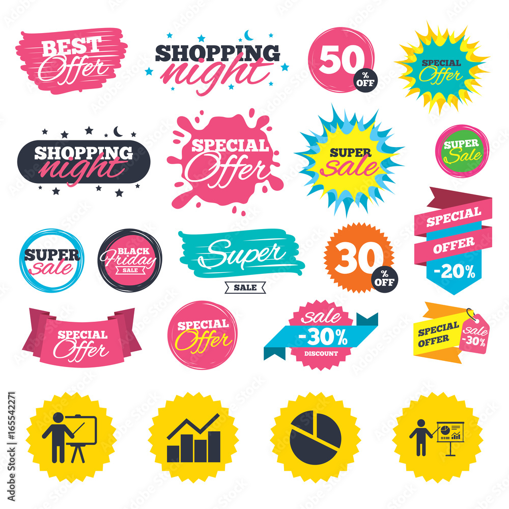 Poster sale shopping banners. diagram graph pie chart icon. presentation billboard symbol. man standing wit