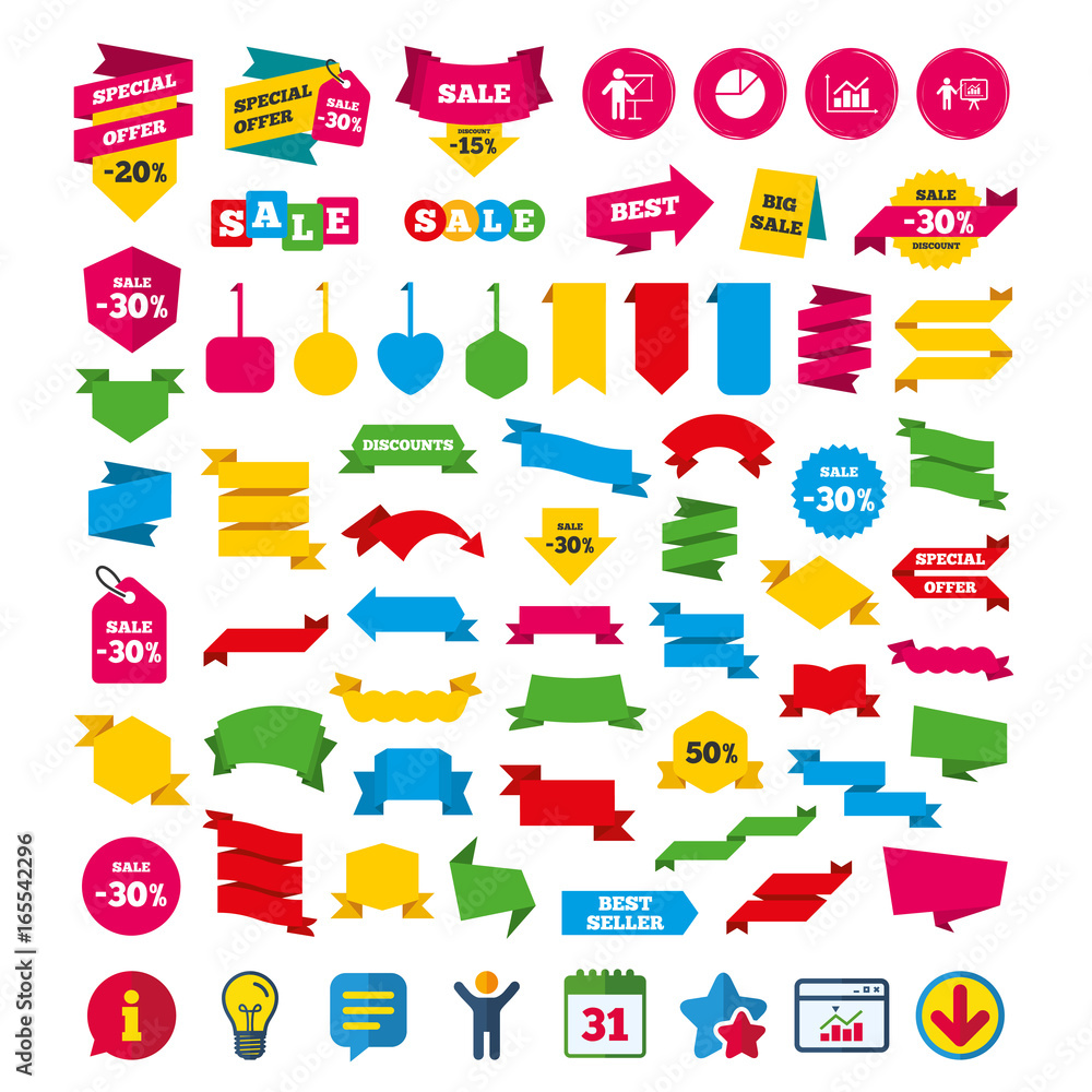 Poster diagram graph pie chart icon. presentation billboard symbol. supply and demand. man standing with po