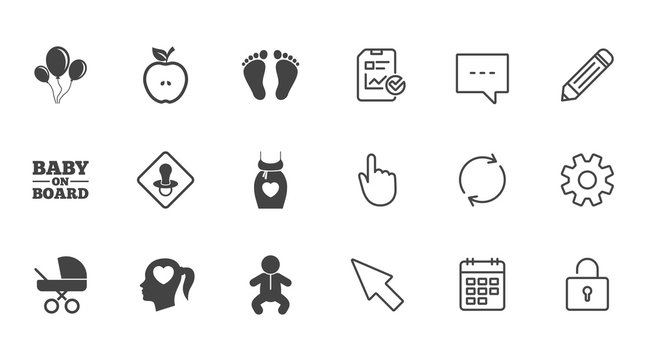 Pregnancy, maternity and baby care icons. Air balloon, baby carriage and pacifier signs. Footprint, apple and newborn symbols. Chat, Report and Calendar line signs. Service, Pencil and Locker icons
