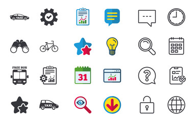 Public transport icons. Free bus, bicycle and taxi signs. Car transport symbol. Chat, Report and Calendar signs. Stars, Statistics and Download icons. Question, Clock and Globe. Vector
