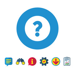 Question mark sign icon. Help symbol. FAQ sign. Information, Report and Speech bubble signs. Binoculars, Service and Download icons. Vector