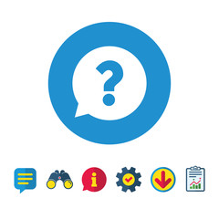 Question mark sign icon. Help speech bubble symbol. FAQ sign. Information, Report and Speech bubble signs. Binoculars, Service and Download icons. Vector