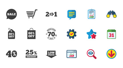 Sale discounts icon. Shopping cart, coupon and low price signs. 25, 40 and 60 percent off. Special offer symbols. Calendar, Report and Download signs. Stars, Service and Search icons. Vector