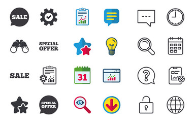 Sale icons. Special offer speech bubbles symbols. Shopping signs. Chat, Report and Calendar signs. Stars, Statistics and Download icons. Question, Clock and Globe. Vector