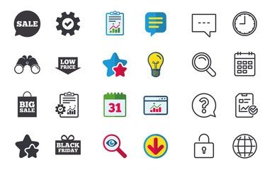 Sale speech bubble icon. Black friday gift box symbol. Big sale shopping bag. Low price arrow sign. Chat, Report and Calendar signs. Stars, Statistics and Download icons. Question, Clock and Globe