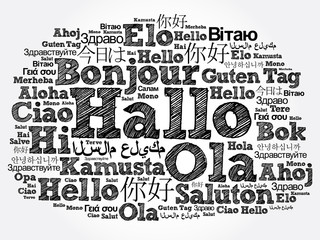 Hallo (Hello Greeting in German) word cloud in different languages of the world, background concept