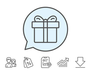 Gift box line icon. Present or Sale sign. Birthday Shopping symbol. Package in Gift Wrap. Report, Sale Coupons and Chart line signs. Download, Group icons. Editable stroke. Vector