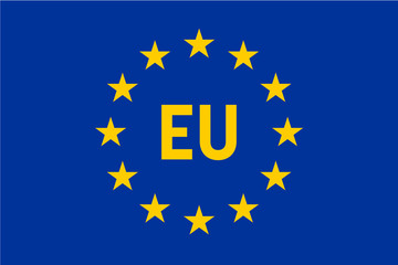 Flag of European Union, EU. Twelve gold stars on blue background with EU label in the middle. Vector illustration.