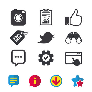 Hipster photo camera icon. Like and Chat speech bubble sign. Hand thumb up. Bird symbol. Browser window, Report and Service signs. Binoculars, Information and Download icons. Stars and Chat. Vector