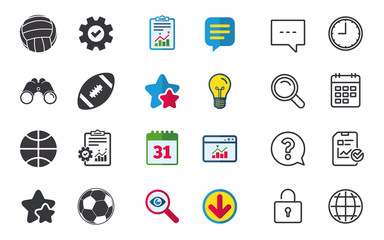 Sport balls icons. Volleyball, Basketball, Soccer and American football signs. Team sport games. Chat, Report and Calendar signs. Stars, Statistics and Download icons. Question, Clock and Globe