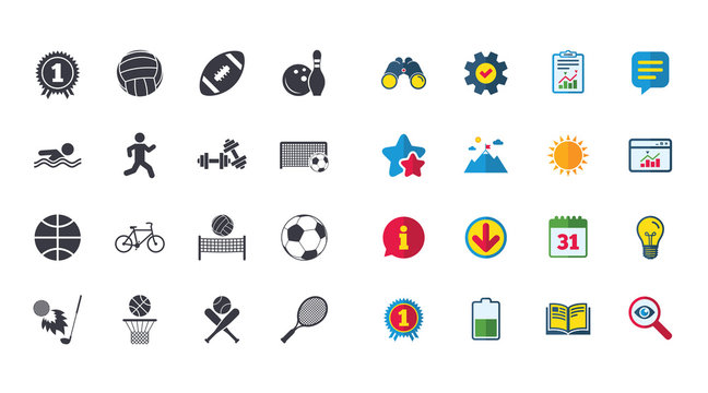 Set of Sport and Fitness icons. Football, tennis and volleyball signs. Swimming pool, Biking and Bowling symbols. Award, Golf and Baseball. Calendar, Report and Browser window signs. Vector