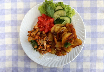 Gericht mit Pilzen und Bratkartoffeln mit gemischtem Salat auf karierter Tischdecke 