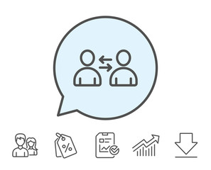 Teamwork line icon. User communication. Profile Avatar sign. Person silhouette symbol. Report, Sale Coupons and Chart line signs. Download, Group icons. Editable stroke. Vector