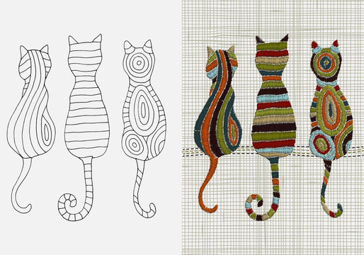 Set of Embroidery Designs. Cats. Zentangle style. Vector Embroidery home decor. Linen cloth texture. Colorful Embroidery design pattern