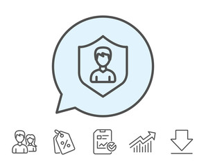 User Protection line icon. Profile Avatar with shield sign. Male Person silhouette symbol. Report, Sale Coupons and Chart line signs. Download, Group icons. Editable stroke. Vector