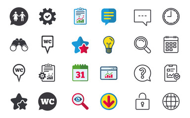 WC Toilet pointer icons. Gents and ladies room signs. Man and woman speech bubble symbols. Chat, Report and Calendar signs. Stars, Statistics and Download icons. Question, Clock and Globe. Vector