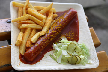 Currywurst mit Pommes und Salat