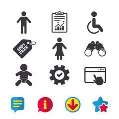WC toilet icons. Human male or female signs. Baby infant or toddler. Disabled handicapped invalid symbol. Browser window, Report and Service signs. Binoculars, Information and Download icons. Vector