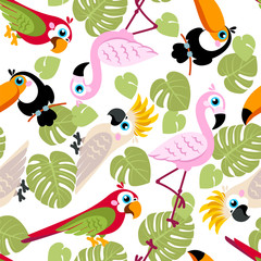 Obraz premium Seamless pattern with pink flamingos, cockatoo parrot, ara, Toucan and green palm leaves. Vector background. Design for fabric and decor.