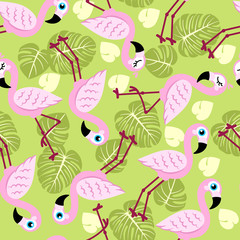 Seamless pattern with pink flamingos and green palm leaves. Vector background. Design for fabric and decor.