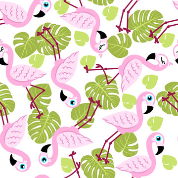 Seamless pattern with pink flamingos and green palm leaves. Vector background. Design for fabric and decor.