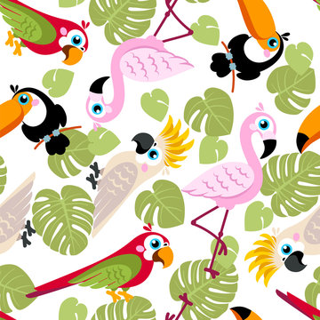 Seamless pattern with pink flamingos, cockatoo parrot, ara, Toucan and green palm leaves. Vector background. Design for fabric and decor.