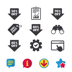 Sale arrow tag icons. Discount special offer symbols. 50%, 60%, 70% and 80% percent off signs. Browser window, Report and Service signs. Binoculars, Information and Download icons. Stars and Chat